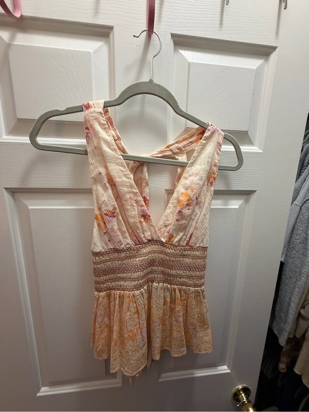 Free People Peach and Pink Floral Smocked Peplum Tank